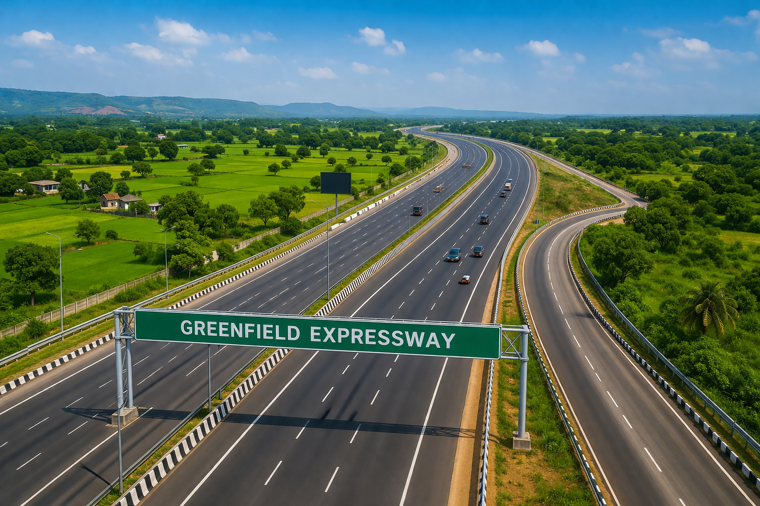 Aerial view of a modern greenfield expressway with multiple lanes and moving vehicles, passing through lush green fields and countryside under a clear blue sky, with a large overhead sign reading “Greenfield Expressway.”